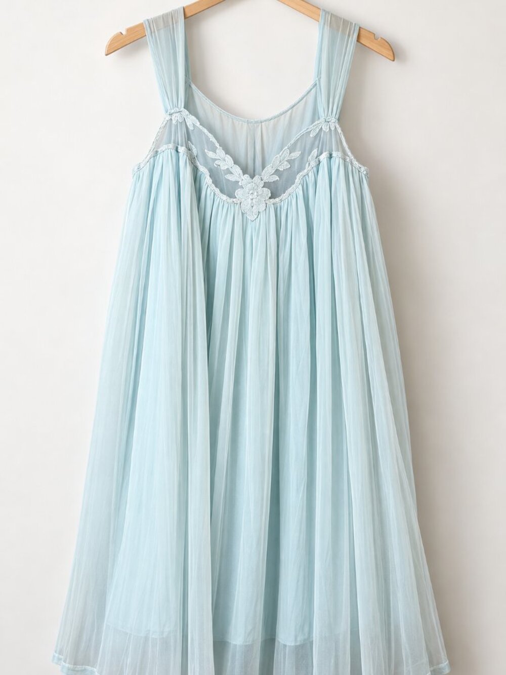 Vintage Rogers Long Blue Nightgown Embroidered Nylon 2 layer 1960's Lace Sheer M